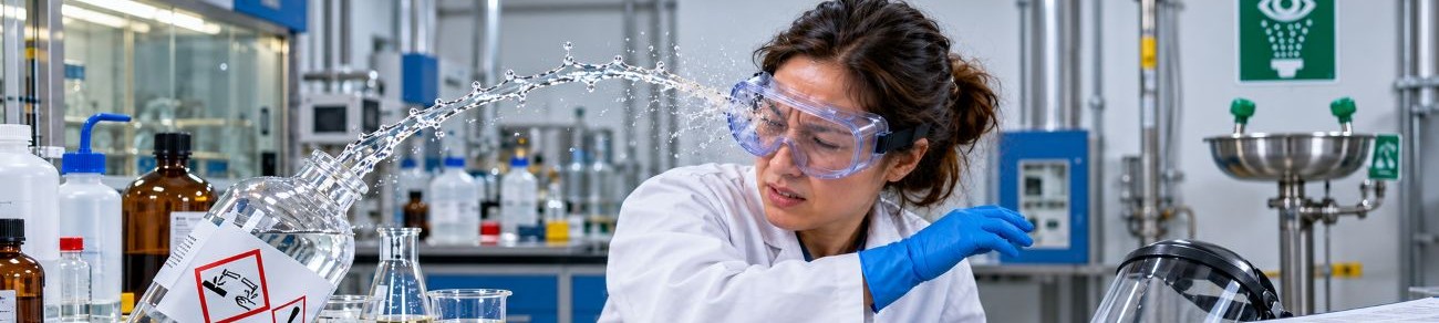 Chemical splash striking a worker's protective goggles near an emergency eyewash station