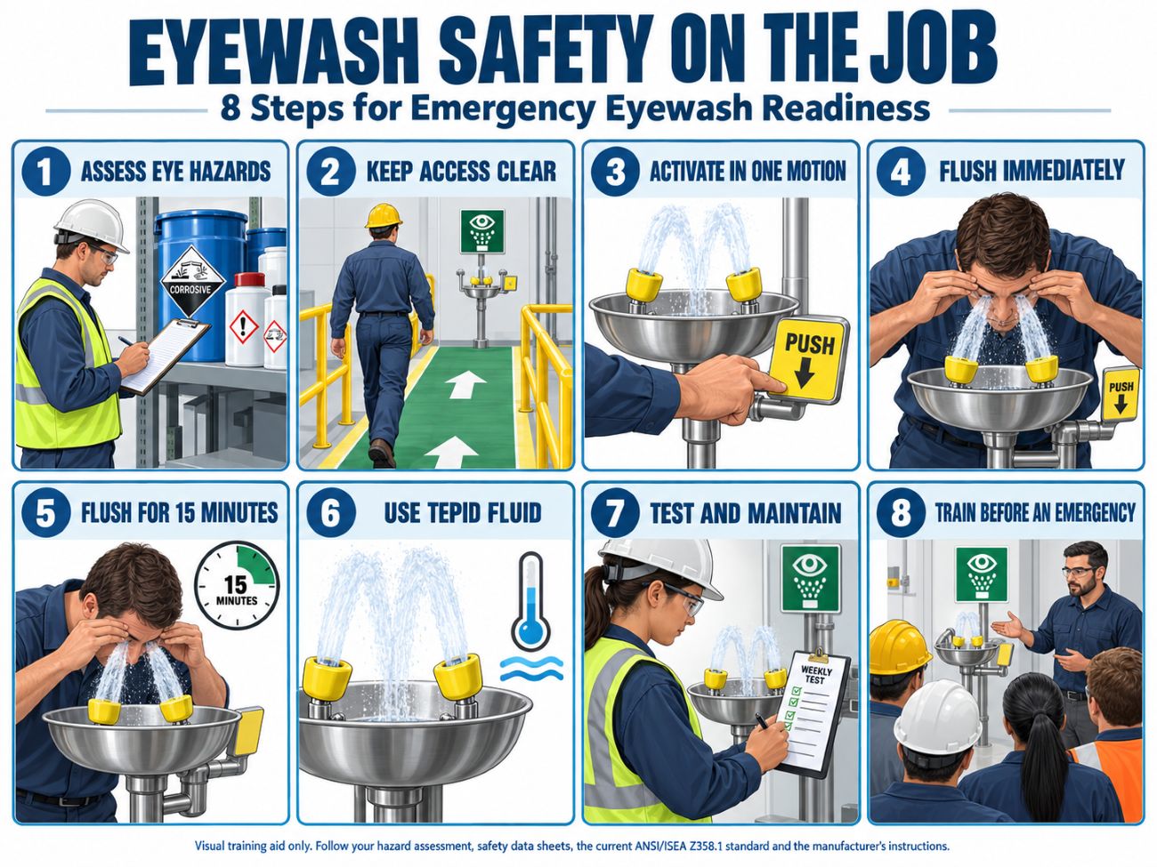 Illustrated eight-step eyewash safety checklist for workplace emergency preparedness