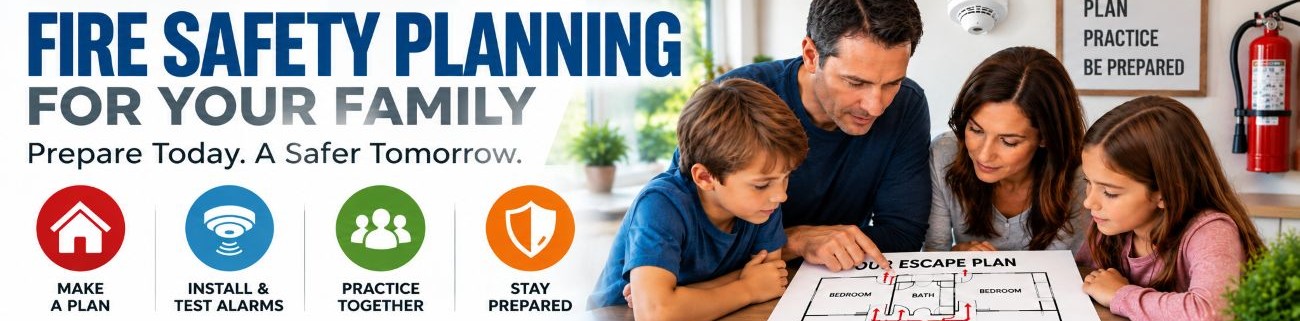 Family reviewing a home fire safety and emergency escape plan