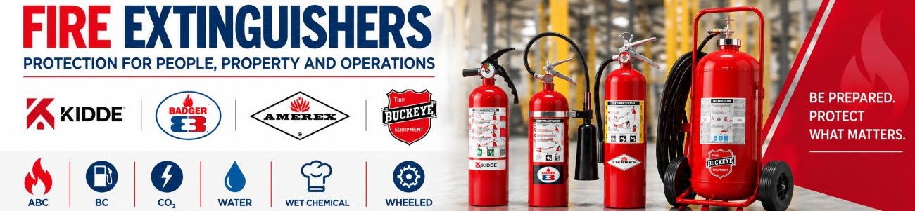 Commercial and industrial fire extinguishers including ABC, BC, CO2 and wheeled models
