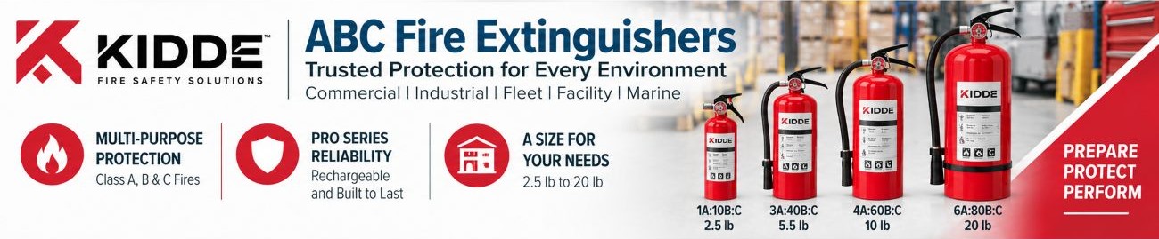 Kidde ABC fire extinguishers in 2.5 lb, 5.5 lb, 10 lb and 20 lb sizes for commercial, industrial and fleet fire protection