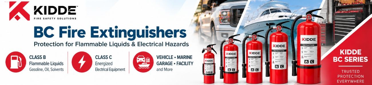 Kidde BC fire extinguishers for flammable liquid electrical vehicle and marine fire protection