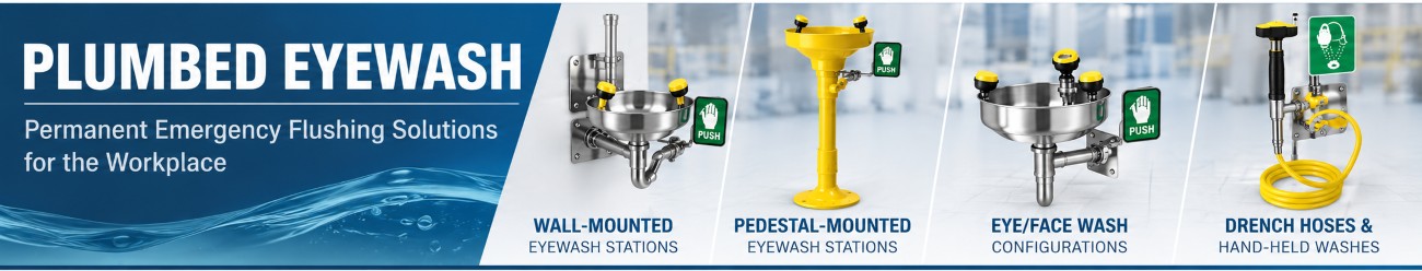Plumbed emergency eyewash stations for permanent workplace installations