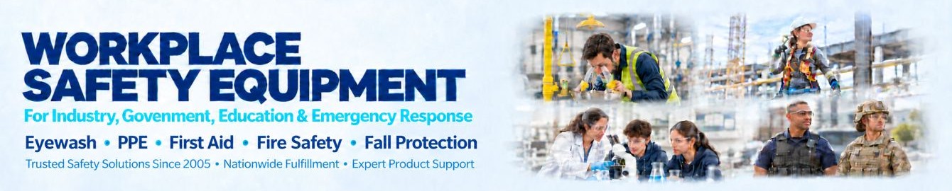 Workplace safety equipment including eyewash, PPE, first aid, fire safety and fall protection