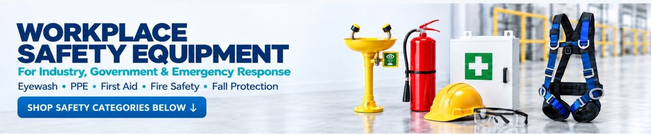 Workplace safety equipment including eyewash, PPE, first aid, fire safety and fall protection