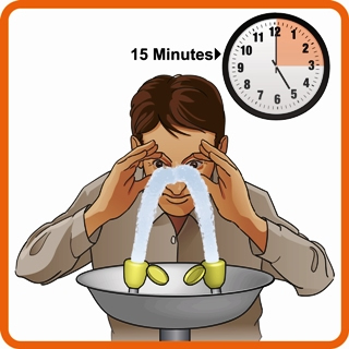 Flush both eyes simultaneously for 15 minutes