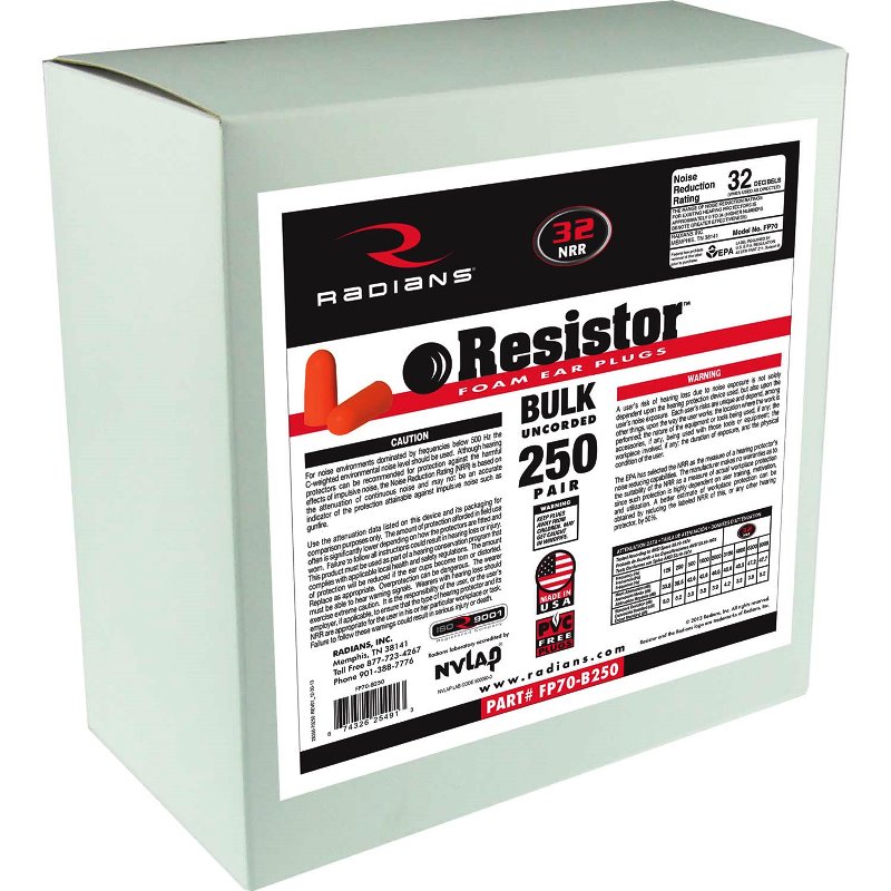 Radians Bulk Refill Resistor NRR 32 dB Disposable Foam Earplugs - Uncorded, 10 Boxes of 250 Pair, FP70-B250