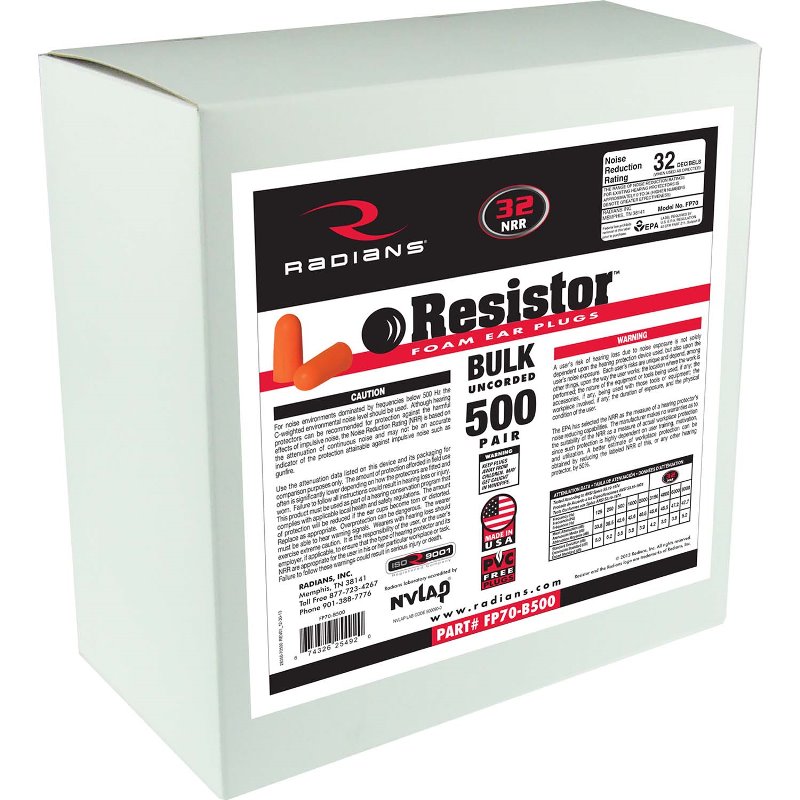 Radians Bulk Refill Resistor NRR 32 dB Disposable Foam Earplugs - Uncorded, 10 Boxes of 500 Pair, FP70-B500