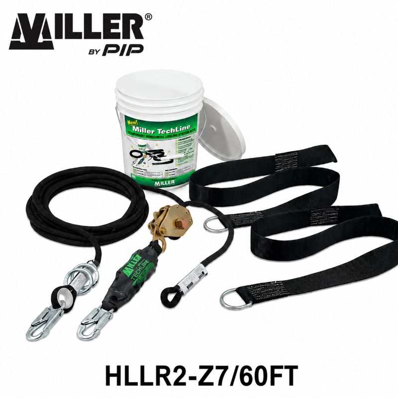 Miller HLLR2-Z7/60FT TechLine 60 ft temporary horizontal lifeline system with storage bucket, kernmantle rope, cross-arm straps, and fall protection hardware