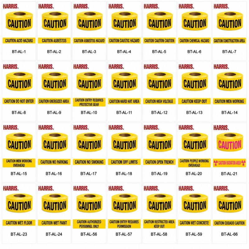 Harris 2 Mil Contractor Grade Barricade Tape available in 28 warning legends, 3 inch x 1000 foot yellow polyethylene safety warning tape.