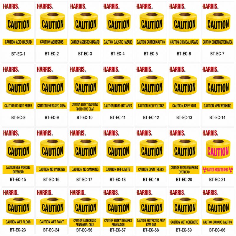 Harris 3 Mil Medium Grade Barricade Tape case of 12 rolls, 3 inch x 1000 foot yellow polyethylene warning tape available in 28 warning legends.
