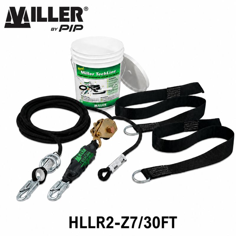 Miller HLLR2-Z7/60FT TechLine 60 ft temporary horizontal lifeline system with storage bucket, kernmantle rope, cross-arm straps, and fall protection hardware