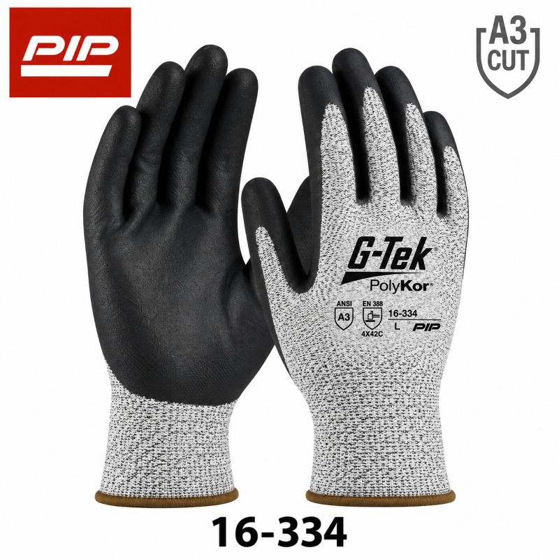 PIP 16-334 G-Tek PolyKor ANSI A3 cut resistant gloves with foam nitrile coated palms and fingers