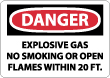 Danger - Explosive Gas No Smoking Or Open Flames Within 20 Ft. Sign